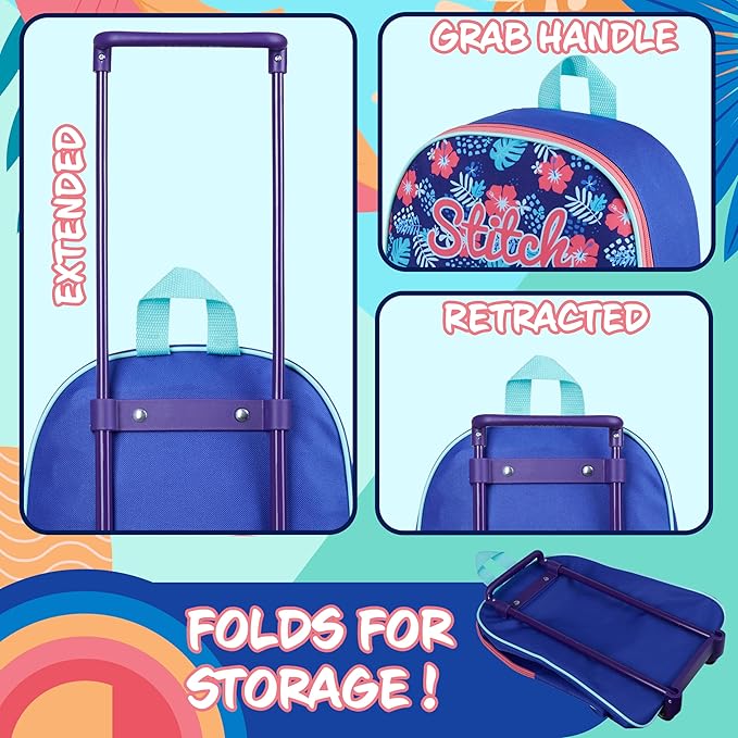 Disney Stitch Girls Suitcase, Foldable Trolley Bag 15.35” x 10.63” x 3.94”