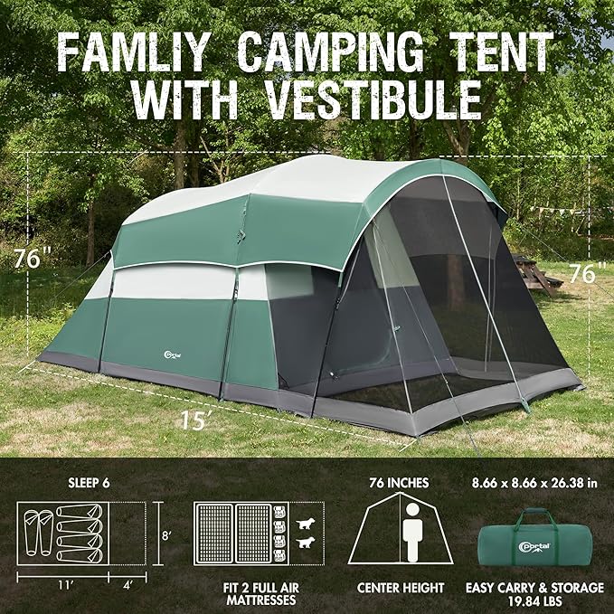 PORTAL 6/8/10 Person Family Camping Tent with Screen Room, Water Resistant Big Tunnel Tents with Rainfly, Large Family Tent for Camping, Outdoor, Patio