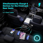 6 Multi Ports USB C Car Charger, 123W Fast Car Charger Adapter, PD 45W Compatible with iPhone17/Galaxy/Samsung S25, Type C Cigarette Lighter USB Charger with 5.7FT Cable for Rear Seat Charging(Black)
