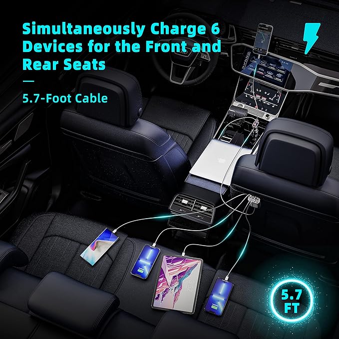 6 Multi Ports USB C Car Charger, 123W Fast Car Charger Adapter, PD 45W Compatible with iPhone17/Galaxy/Samsung S25, Type C Cigarette Lighter USB Charger with 5.7FT Cable for Rear Seat Charging(Black)