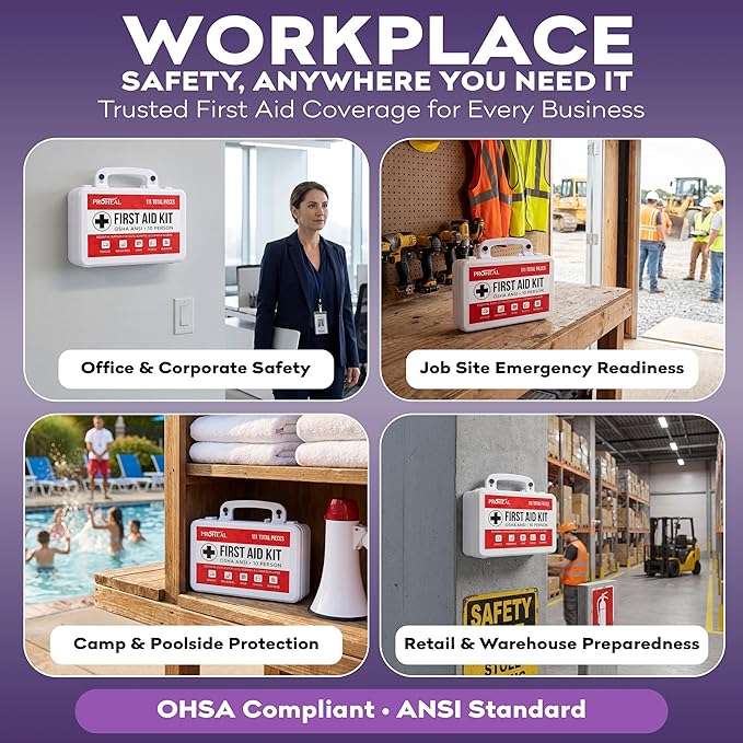OSHA Compliant First Aid Kit - 10 Person, Type III, ANSI Class A, 111 Pieces Emergency Kit for Business, Office, Home, Vehicle, Truck, Car & Construction Site - Latex Free, Wall Mountable | ProHeal
