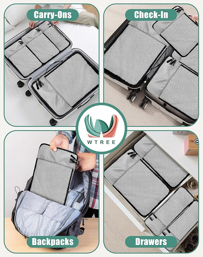 WTREE 4-Piece Packing Cubes Travel Accessories Set for Suitcases - Luggage Organizer Bags with Double Zipper - Mesh Top - Small/Medium/Large/Slim - Grey