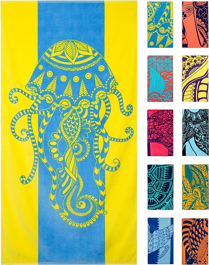 Nova Blue Jellyfish Beach Towel – Tropical Blue & Yellow Colors with A Unique Design, Extra Large, XL (34”x 63”) Made from 100% Cotton