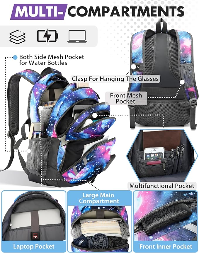 ProEtrade Extra Large Backpack Bookbag for College Laptop Travel, Fit Laptop Up to 17 inch with USB Charging Port Multi Compartment Anti theft, Gift for Women Men (Light Galaxy)