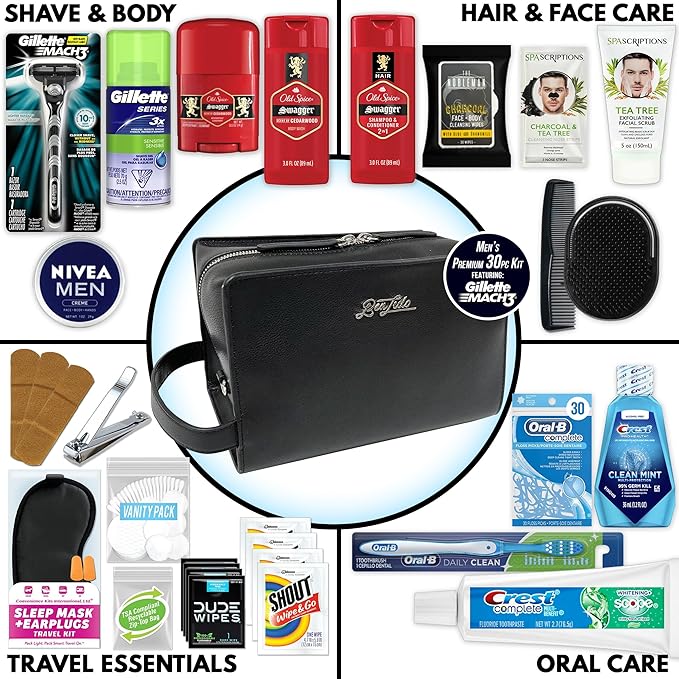 Convenience Kits International Men’s Super Premium 30 PC Travel Kit Featuring: Travel-Size Hair Care Products Plus Face, Body, Oral Care, Travel Essentials in Large Leather Toiletry Bag