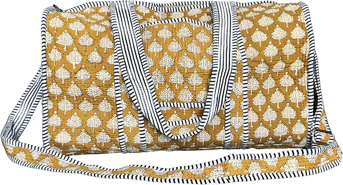 ATOSII Handblock Print 100% Cotton Large Quilted Duffle Bag for Overnight Trip, Travel Weekend Bag, Luggage, 2 Pockets with Zipper, 1 Front Pocket, Detachable Long Strap, 20 X 10 X 12 Inches, Flax