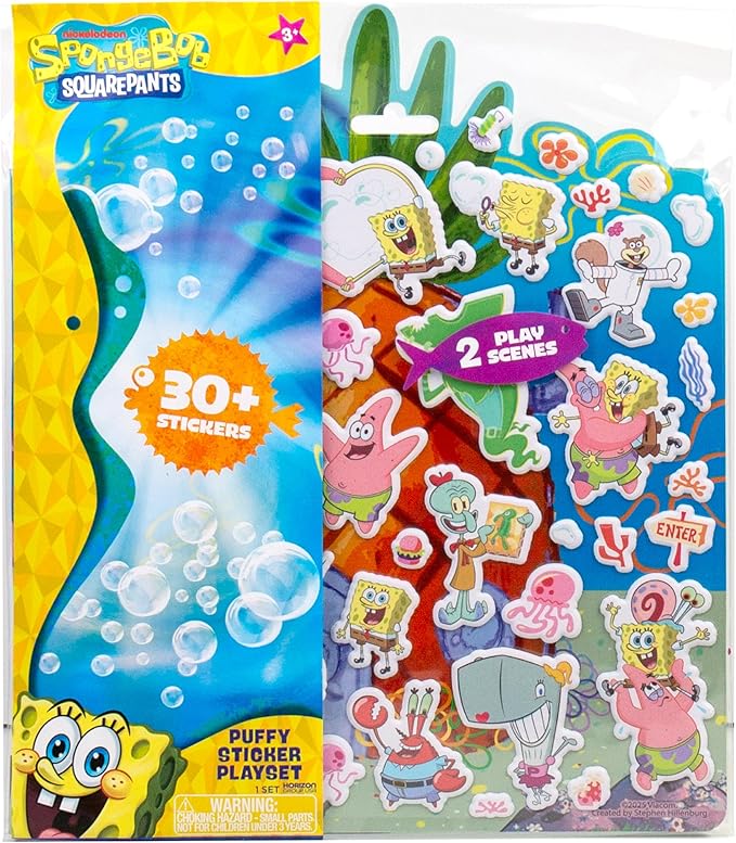 Spongebob Puffy Sticker Playset, Includes Over 30 Reusable Stickers & Play Scenes, Reusable Travel Activity Book for Kids, Toddler Activity Book, Toddler Travel Toy Ages 3+