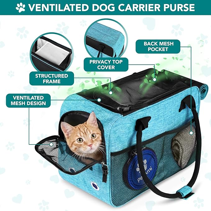 PetAmi Dog Purse Carrier for Small Dogs Cats, TSA Airline Approved Soft-Sided Pet Carrier with Pockets, Ventilated Travel Tote Bag with Bed & Shoulder Strap, Puppy Kitten, Max 12 lbs, Turquoise
