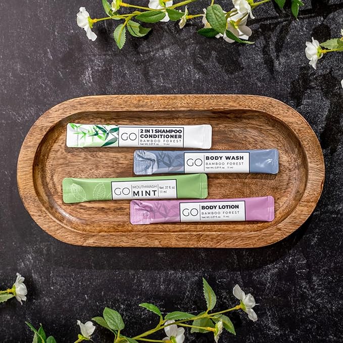 Go Essentials - Bundle Sets (Bamboo Forest and Refreshing Mint, 80 Packets Total (20 of Each)) Travel size mouthwash, shampoo/conditioner, body wash, body lotion.