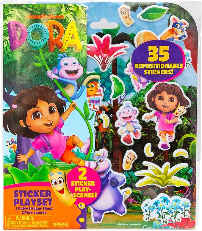 Dora Puffy Sticker Playset, 35 Reusable Stickers and 2 Play Scenes, Fun Kids Activities, Toddler Toys, Road Trip Essentials, Gifts for 4 Year Old Girl, Mess Free Airplane Toy