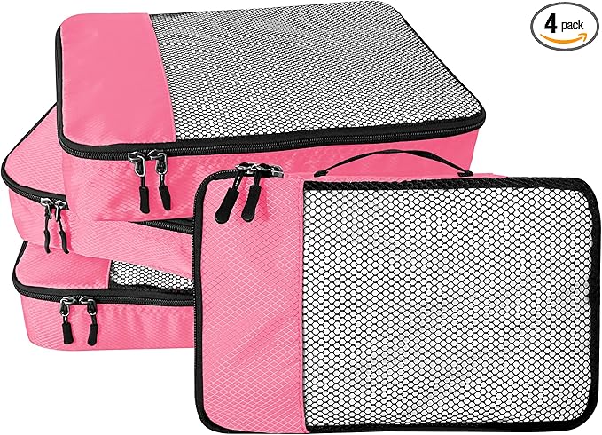 WTREE 4-Piece Packing Cubes Travel Accessories Set for Suitcases - Luggage Organizer Bags with Double Zipper - Mesh Top - Large - Pink
