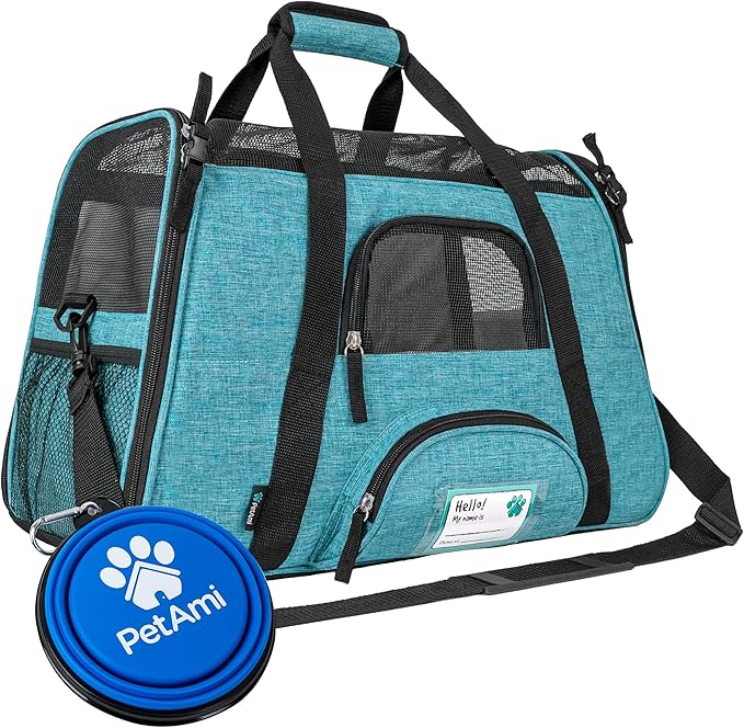 PetAmi Airline Approved Pet Carrier for Cats & Small Dogs, Soft Sided TSA Travel Carrier Bag Sherpa Bed, Breathable Mesh Ventilation, Collapsible Bowl, Fit Under Seat, Up to 18 lbs, Small Heather Blue