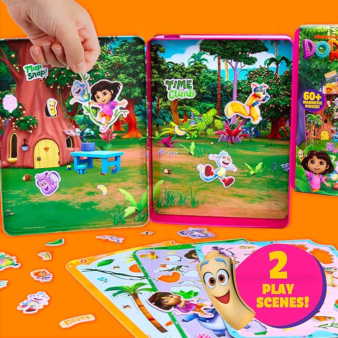 Dora Magnetic Playset, 75 Characters & Accessories, Reusable Storage Tin and Play Scene, Fun Toddler Toys, Mess Free Airplane Toy, Travel Games & Road Trip Essentials, 4 Year Old Girl Birthday Gifts