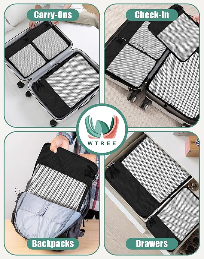 WTREE 4-Piece Packing Cubes Travel Accessories Set for Suitcases - Luggage Organizer Bags with Double Zipper - Mesh Top - Large - Black