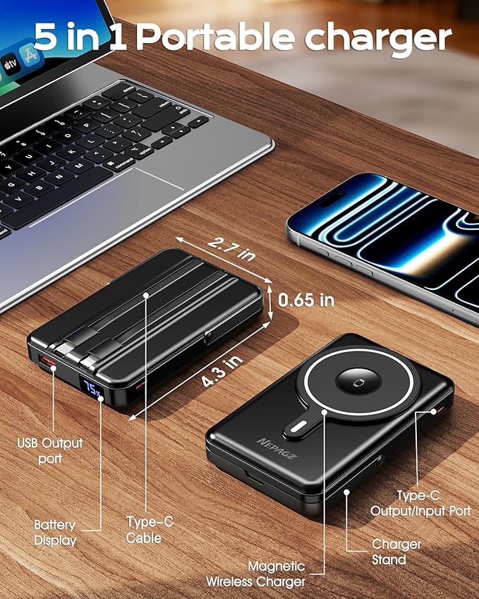 for Magsafe Portable Charger, Magnetic Power Bank with Foldable Stand, PD 22.5W Fast Charging with USB-C Cable, Wireless Portable Charger for iPhone 17/16/15/14/13/12 Series, Black