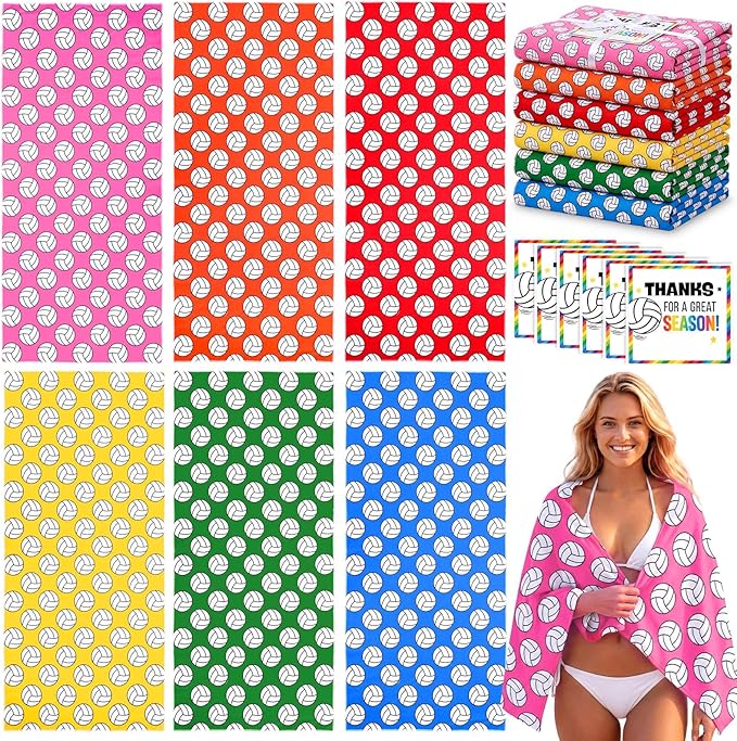 Peryiter 6 Pack Volleyball Coach Gift Large 28 x 59 Inch Beach Towel with Inspirational Card Thank You Gift for Teachers Graduation Season End of Year School Team Sports Lovers Summer Pool Party