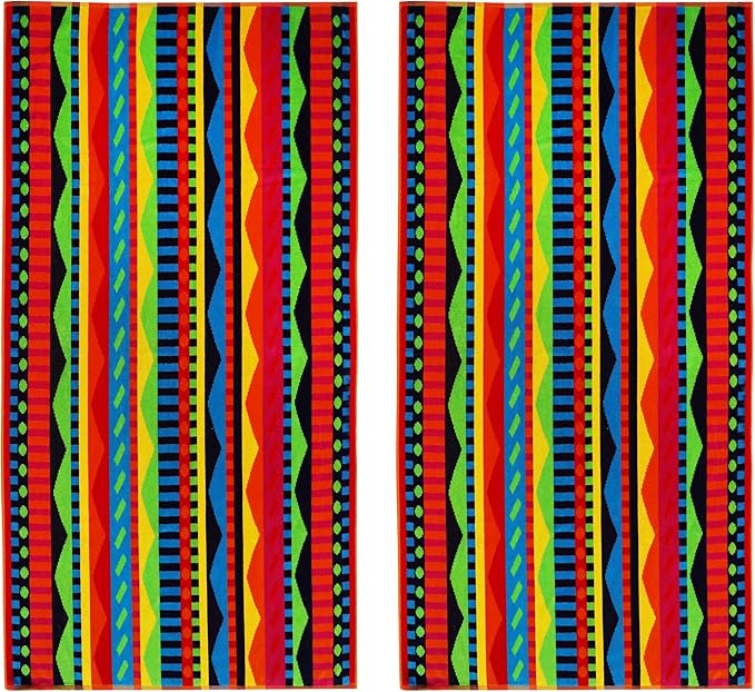 COTTON CRAFT Oversized Beach Towel - 2 Pack XL 39 x 68 inches Big & Huge Beach Blanket Towel - 100% Cotton Jacquard Velour - Super Soft Luxury - Pool Picnic Bath - Cozumel Red Blue Yellow