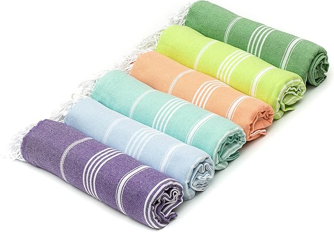 HAVLULAND Turkish Beach Towels Set of 6 Organic Cotton, Oversized 72"x40", Sand Free, Lightweight, Quick Drying, Ideal for Beach, Bath, Pool, Camp & Travel