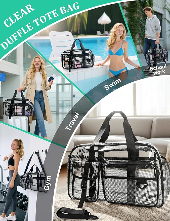 Large Clear Tote Bag 20” for Duffle with 10 Pockets, Clear Beach Gym Crossbody Bag, Big Transparent See Through Bags for Travel Work