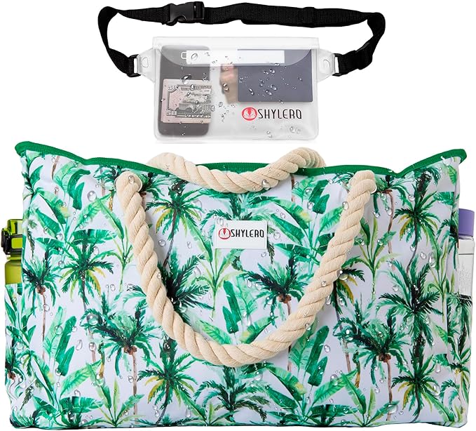 Beach Bag and Pool Bag Has Cooler Pocket, 7 Pockets Total, Zip Top. Family Size Waterproof Beach Tote