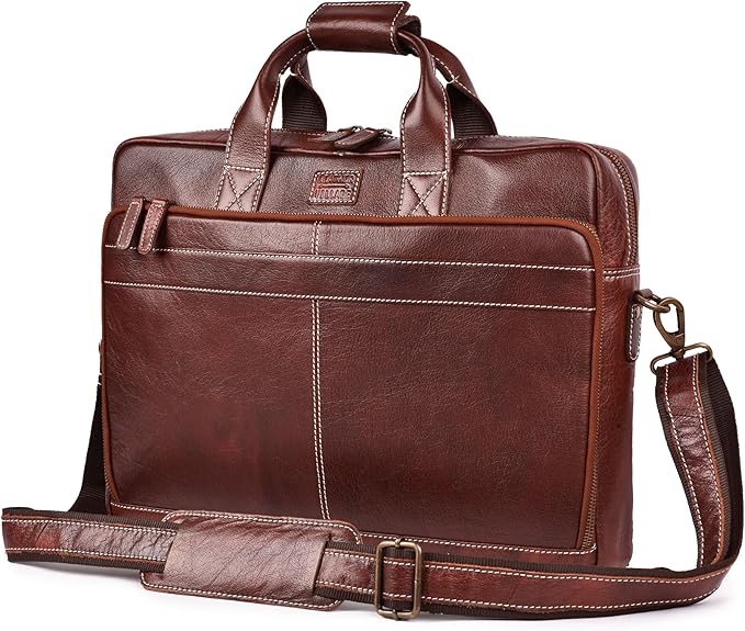 LEATHER VILLAGE 18" Leather Laptop Messenger Briefcase Bag for Men-Leather Satchel for Travel and Office Shoulder Bag-Red Brown