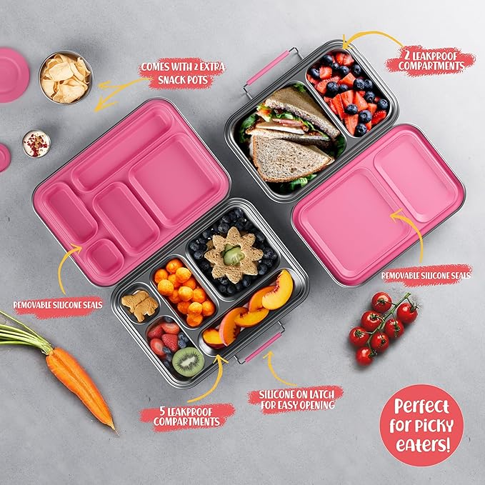 AOHEA Stainless Steel Bento Box Kids, Kids Metal Bento Lunch Box BPA Free Lunch Box Containers 304 Stainless Steel Bento Box for School and Office(Pink)