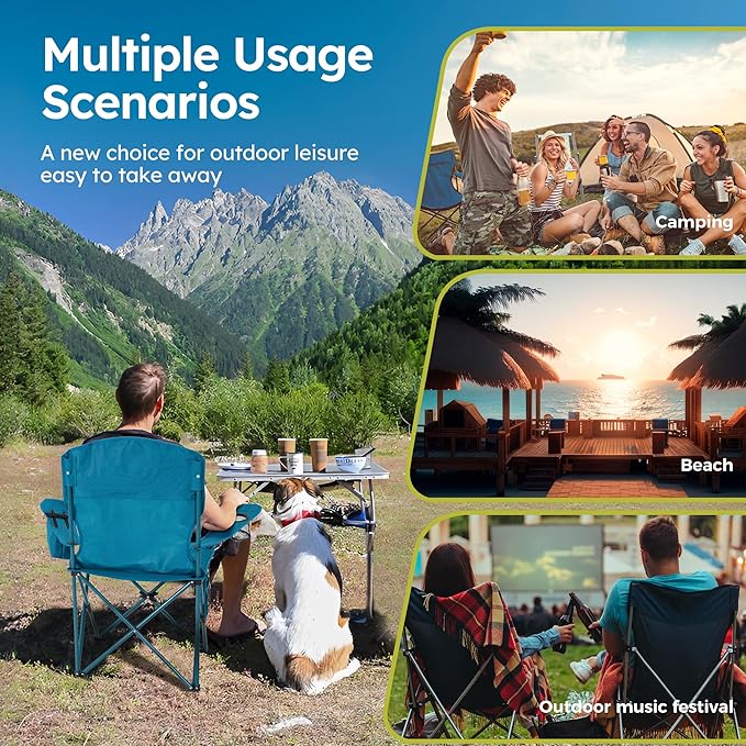 ALPHA CAMP Camping Chairs 250LBS Capacity, Heavy Duty Folding Chair with 4-Can Cooler Bag, Portable Outdoor Chair with Cup Holder for Adults, Collapsible for Tailgating, Beach, Fishing,Black,2PC