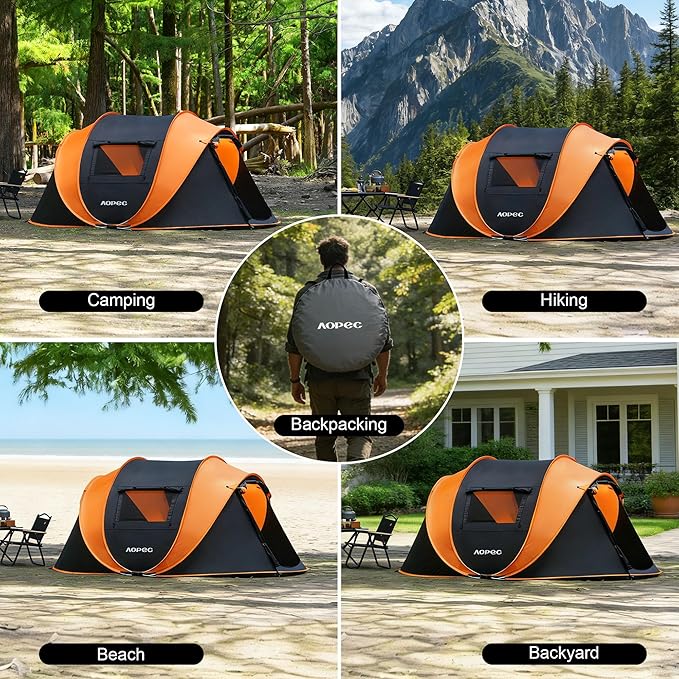 Pop Up Camping Tent, 2/4/6 Person Instant Tent Waterproof PU4500mm, Spacious Ventilated Camping Tent with Front Porch, Quick Setup Lightweight Portable for Outdoor Camping Hiking Beach