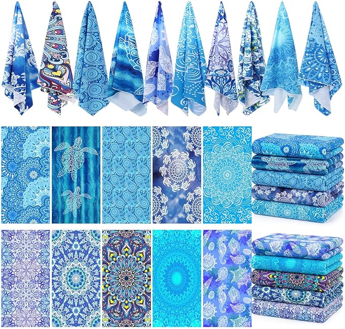 EBOOT 10 Pack Oversized Beach Towel Set Extra Large Pool Towels Microfiber Quick Dry Swim Blanket for Adult Women Men Face Hand Body Bath Travel Pool(Ocean Blue,28 x 59 Inch,Boho Ocean Style)