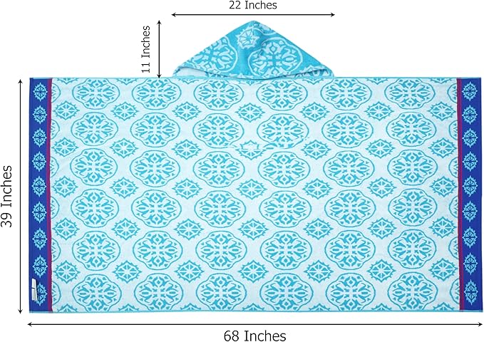 COTTON CRAFT Hooded Beach Towel – Oversized 39 x 68 Towel with Hood for Adults - 100% Cotton Velour Terry Jacquard Towel - Pool Bath Wrap - 450 GSM Soft Absorbent Quick Dry – Summer Trellis Pool Blue