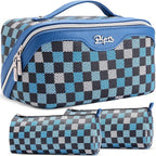 BOYATU Travel Makeup Bag Organizer Cosmetic Bag: 3 Pcs Set Make up Bags for Women with Handle - Waterproof Vegan Leather Toiletry Bag (01-H-Blue)