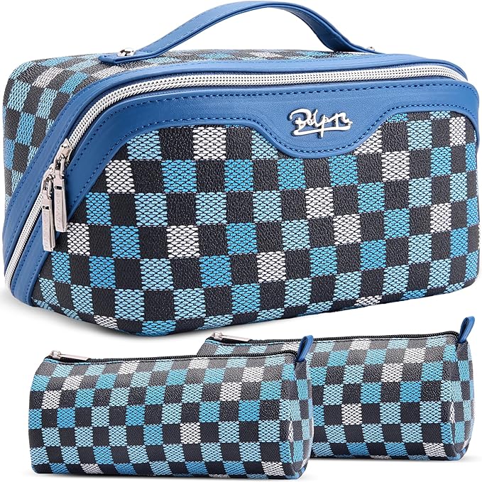 BOYATU Travel Makeup Bag Organizer Cosmetic Bag: 3 Pcs Set Make up Bags for Women with Handle - Waterproof Vegan Leather Toiletry Bag (01-H-Blue)