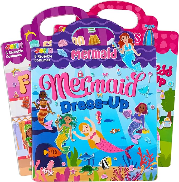 JOYIN 3 Sets Dress-Up Reusable Sticker Book for Toddlers, 3D Sticker Book for Kids 3 4 5, Travel Essentials, Airplane Activity Toys, Crafts Gifts, Birthday Gifts - Fashion, Mermaid, Princess