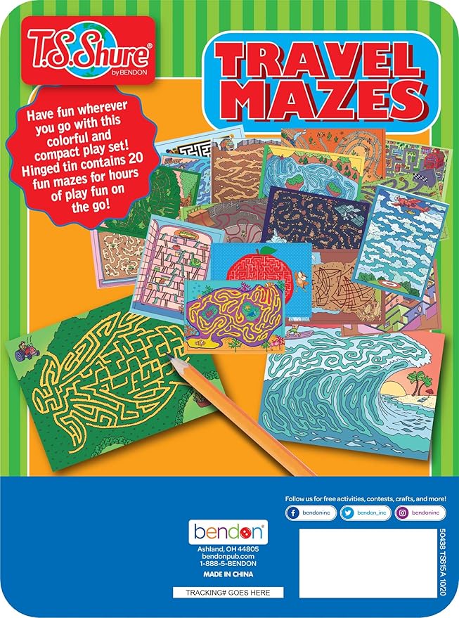 TS Shure by Bendon Travel Games Mazes Mini Activity Tin with 20 Illustrated Activity Sheets and Pencil and Tin 50438
