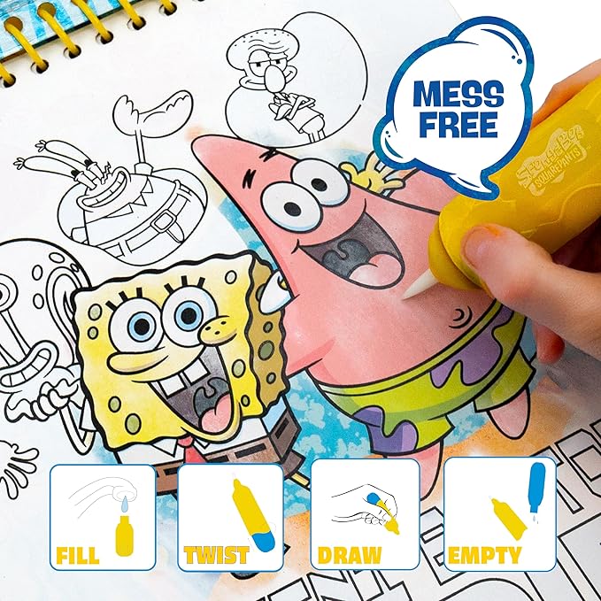 Spongebob Aqua Art, Mess-Free Water Reveal Coloring Book with Pen, No Mess Travel Activity Pad for Kids & Toddlers, Reusable Water Art Set, Preschool On-The-Go Toy, Mess Free Coloring for Toddlers