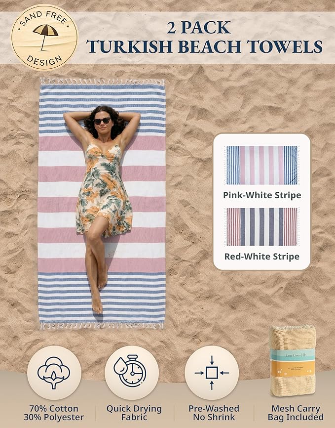 LANE LINEN Extra Large Beach Towel, 2 Pack Beach Towels Oversized, Pre-Washed, Quick Dry Pool Towels, Stylish Light Beach Towel for Women, Absorbent Sand Free Towel, 39"x71" - Old Glory Pink