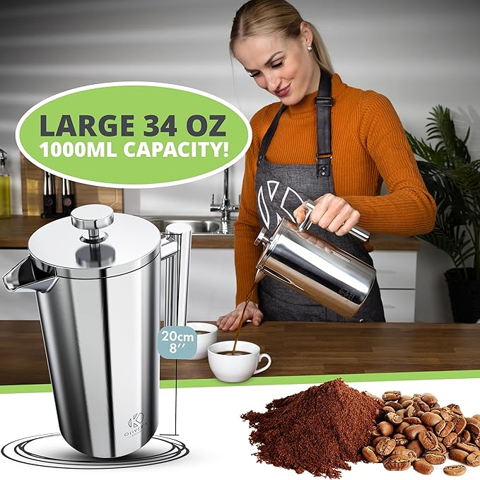 Oliver's Kitchen ® Premium French Press Cafetiere Coffee Maker - Thermal Insulated Double Wall - Stainless Steel 1 Liter