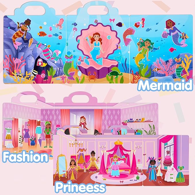 JOYIN 3 Sets Dress-Up Reusable Sticker Book for Toddlers, 3D Sticker Book for Kids 3 4 5, Travel Essentials, Airplane Activity Toys, Crafts Gifts, Birthday Gifts - Fashion, Mermaid, Princess