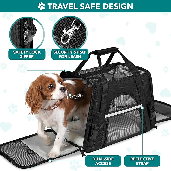 PetAmi Airline Approved Pet Carrier for Cats & Small Dogs, Soft Sided TSA Travel Carrier Bag with Sherpa Bed, Breathable Mesh Ventilation, Collapsible Bowl, Fits Under Seat, Up to 18 lbs, Large Black