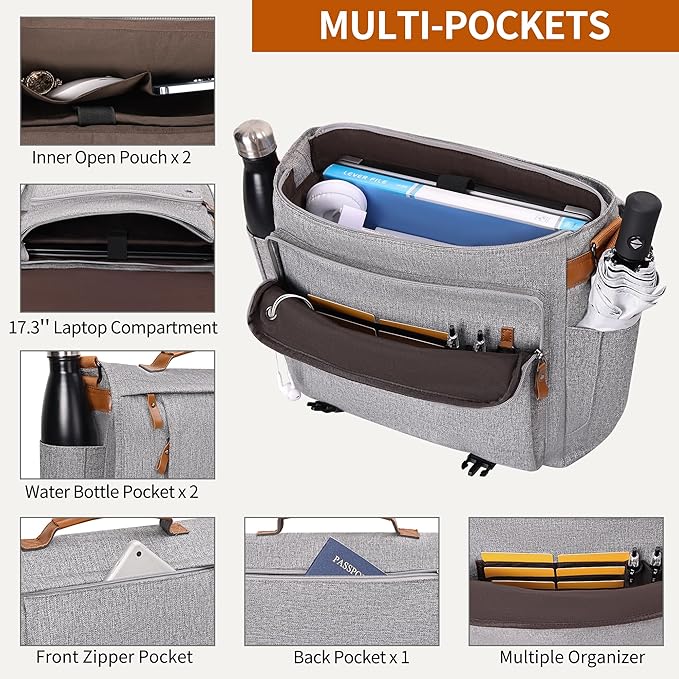 ESTARER Messenger Bag 17-17.3 Inch, Men's Computer Bag Water-resistant Canvas, Laptop Shoulder Bag for Travel Work College, Light Grey