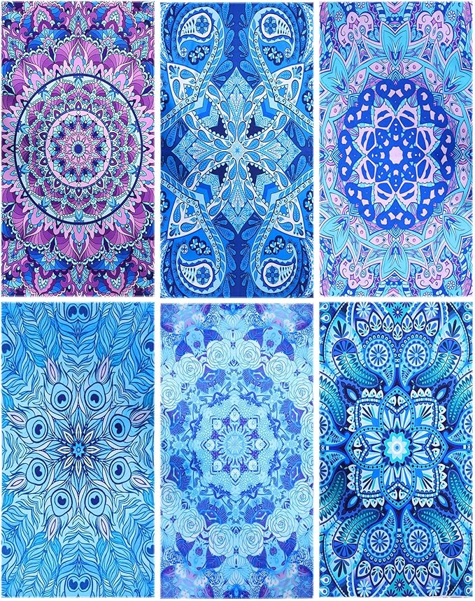 FuWeave 6 Pcs 72 x 36" Microfiber Oversized Beach Towels Large Absorbent Thin Compact Lightweight Sand Free Quick Dry Towels Pack for Travel Pool Yoga Gym Sports Beach Accessories(Mandala)
