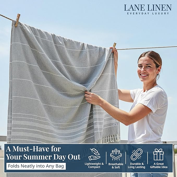 LANE LINEN Oversized Beach Towel - Large Outdoor Blanket with Soft Pre-Washed Finish – 82"x82", Ideal for Coastal Getaways, Backyard Lounging, Beach Party or Seaside Adventures – Grey