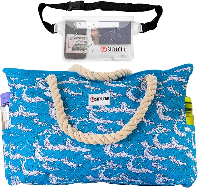 Beach Bag and Pool Bag Has Cooler Pocket, 7 Pockets Total, Zip Top. Family Size Waterproof Beach Tote