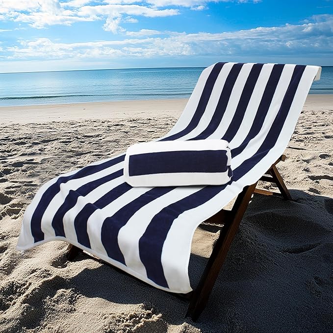 COTTON CRAFT Oversized Beach Towel - 2 Pack 35 x 70 inches XL Beach Towel - 100% Cotton Velour - Big & Huge - Thick Plush 450 GSM Super Soft Luxury Towel - Pool Picnic Bath - Cabana Stripe Navy