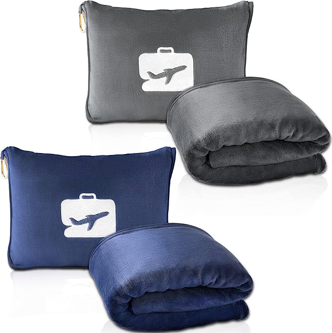 EverSnug Travel Friendly Blanket and Pillow Bundle – Airplane Travel Accessories with Soft Bag Pillowcase for Women & Kids, Hand Luggage Sleeve and Backpack Clip | Color Includes Navy Blue & Grey