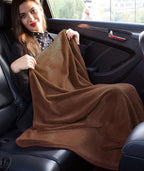 BlueHills Premium Soft Travel Blanket Pillow Airplane Blanket Soft Bag Pillow case with Hand Luggage Belt and Backpack Clip Compact Pack Large Portable Throw Air Plane Flight Travel (Brown T009)