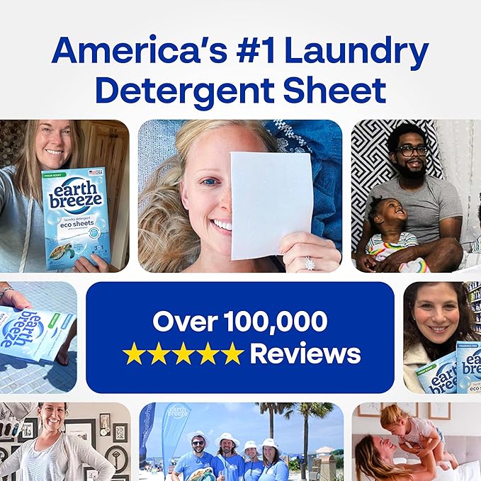 Earth Breeze Laundry Detergent Sheets Fresh Scent - 60 Loads per package. Eco Liquidless Soap - Travel-Friendly for Hot & Cold Cycles, Tackles Tough Stains & Odors - Gentle on Skin, 30 sheets (3 Pack)