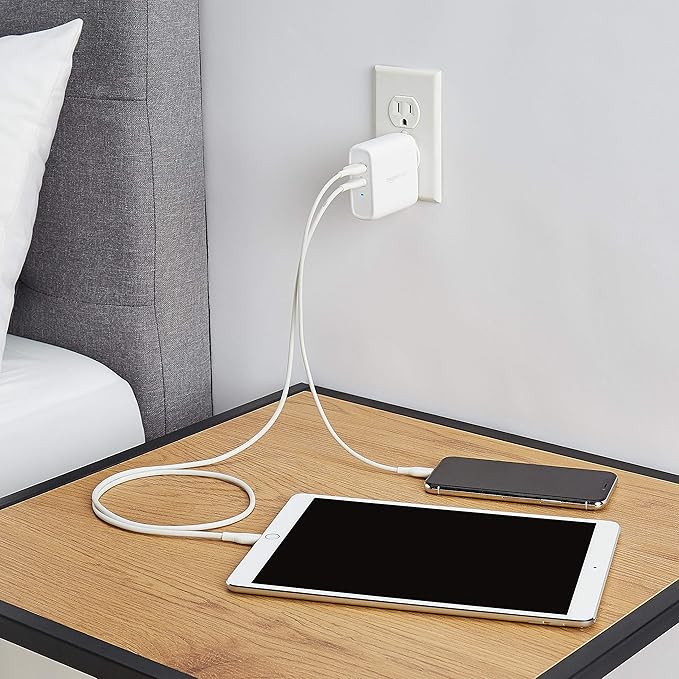 Amazon Basics 68W Two-Port GaN Wall Charger with 1 USB-C (60W) & 1 USB-A Ports (18W) with PD for Laptops, Tablets & Phones (iPhone 16/15/14/13/12/11/X, iPad, MacPro, Samsung, More), Non-PPS, White