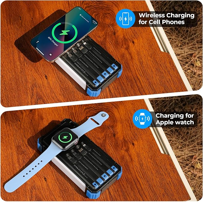 BLAVOR Solar Power Bank 20000mAh Built-in Cables, Wireless Charger for Phones & Apple Watch, 20W Fast Charging Battery Pack with USB C, Flashlight, Solar Charger for iPhone, iPad, iWatch, Samsung