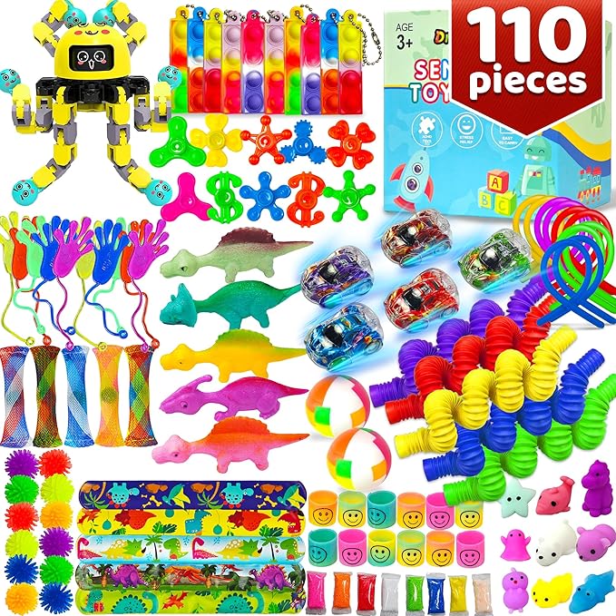 110PC Fidget Toys Bulk for Adult Kids Age 5-7, 8-12, Sensory Autism Travel Must Have ADHD Autistic Figette Classroom Treasure Prize Box School Must Have Stress Anxiety Easter Basket Stuffers Gifts
